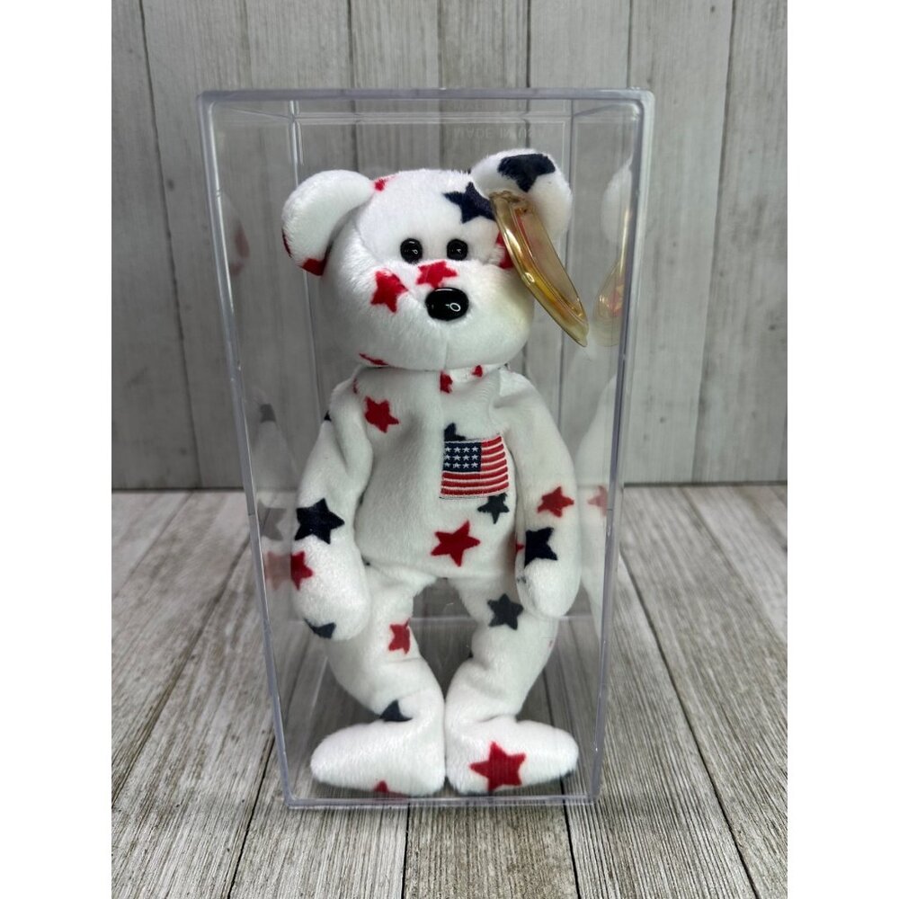 Vtg TY Beanie Baby - Glory The Bear Plush Stuffed Animal Toy Display Case & Tag